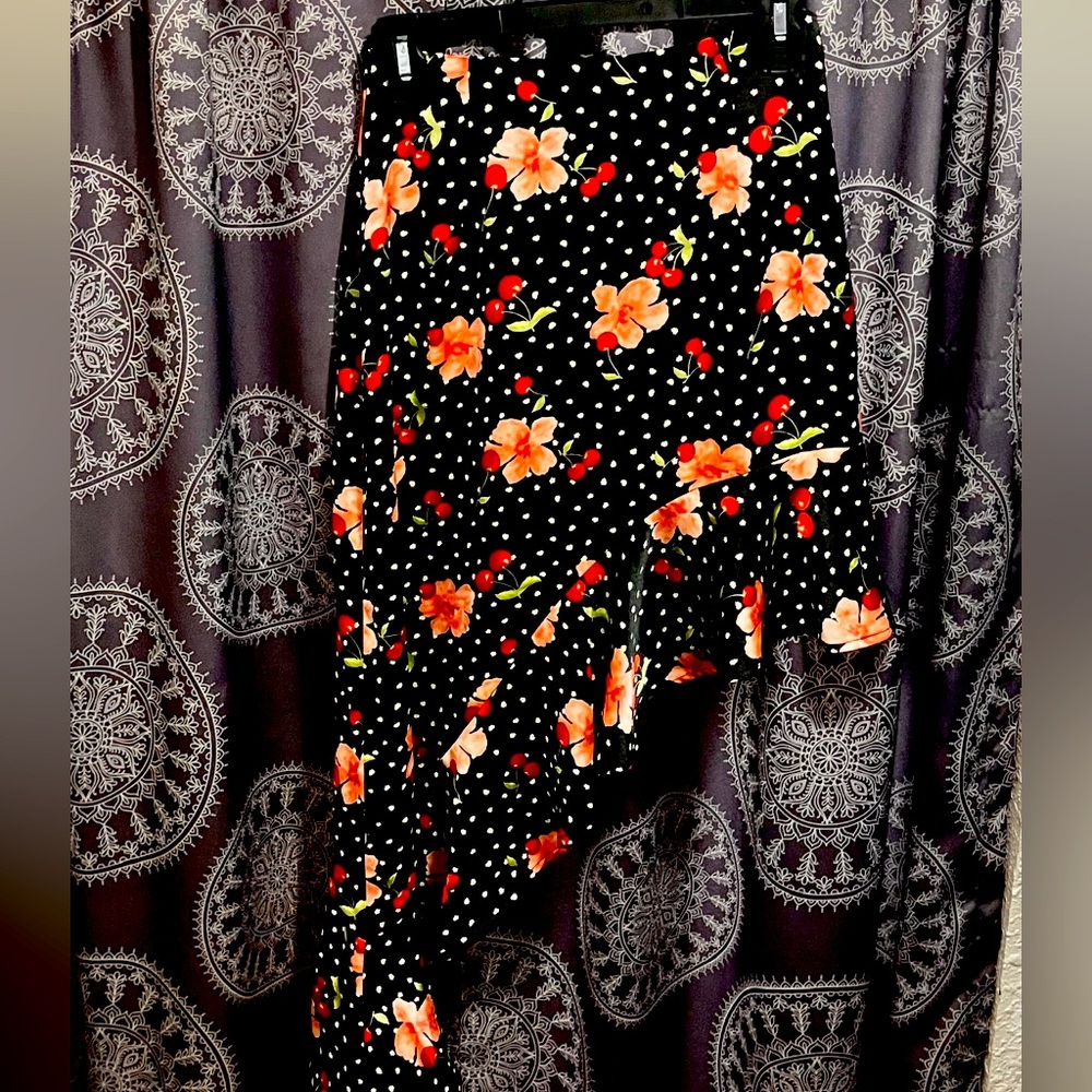 Asymmetrical satin ruffled skirt with polka dots,flowers & cherries